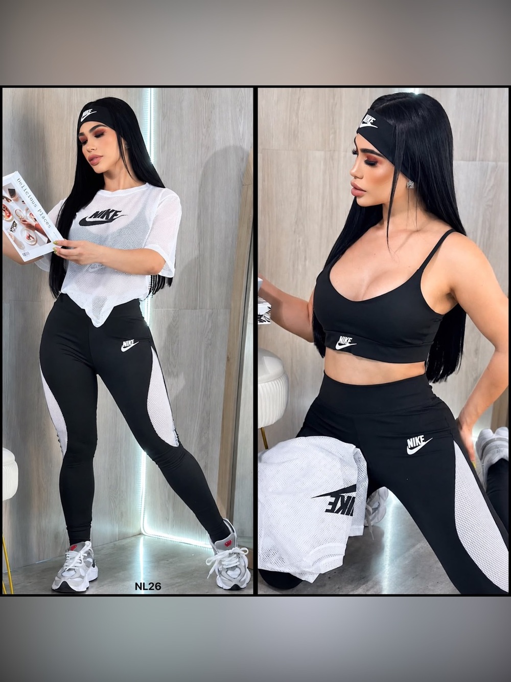Nike Women's Black & White Mesh Active Leggings Set M/L